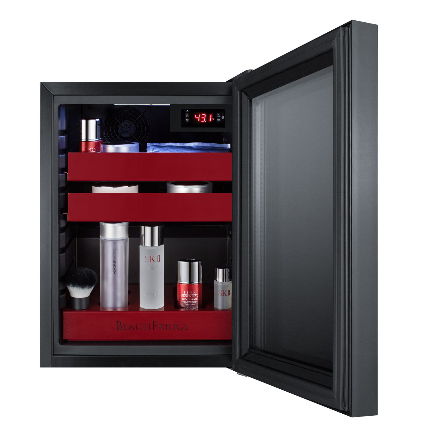 BeautiFridge compact cosmetics cooler with mirror-tinted glass door, black cabinet, lock, glossy ruby-colored shelves, and digital controls set for the storage of beauty products